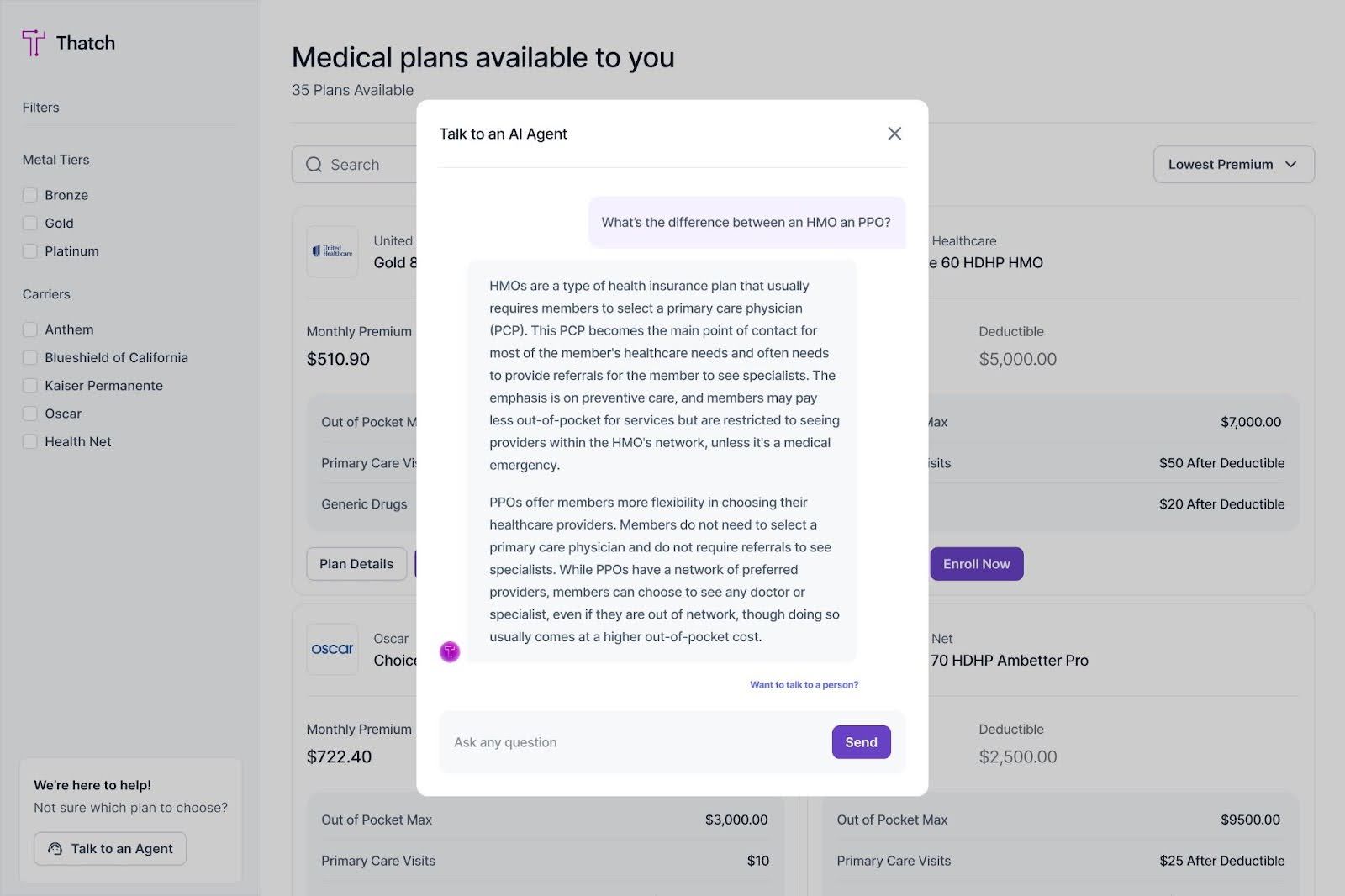 An AI agent helps employees choose from dozens of health, dental, and vision insurance plans.