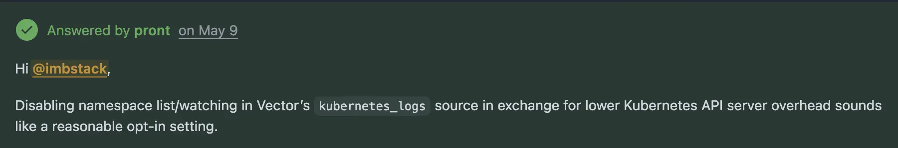 GitHub comment proposing to make namespace list/watching in Vector an opt-in setting