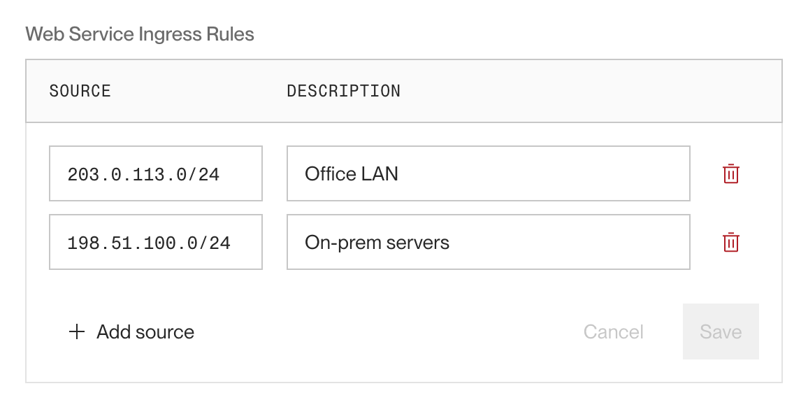 Setting a web service's inbound IP rules in the Render Dashboard