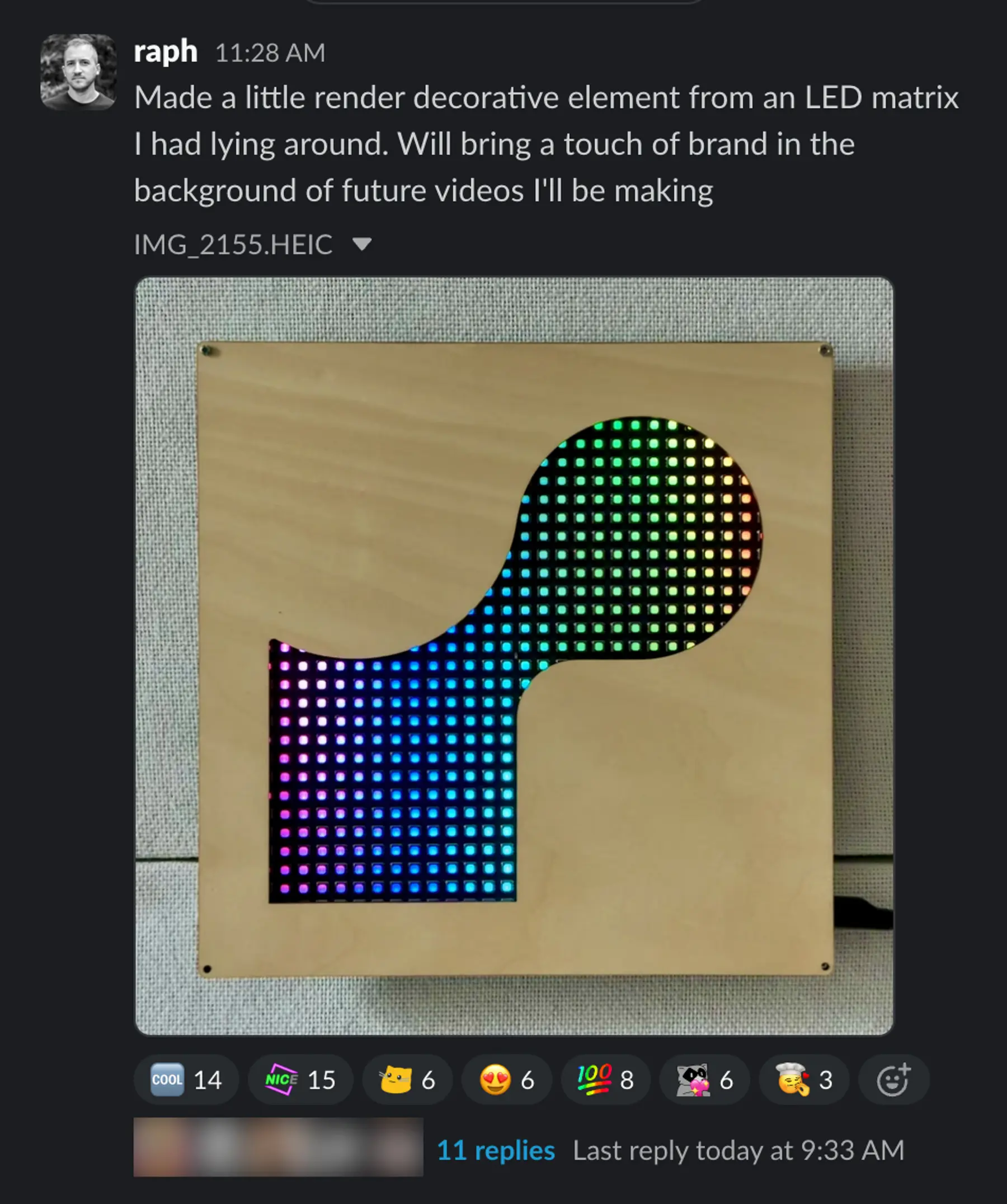 Slack post showing v1 of the Render LED panel