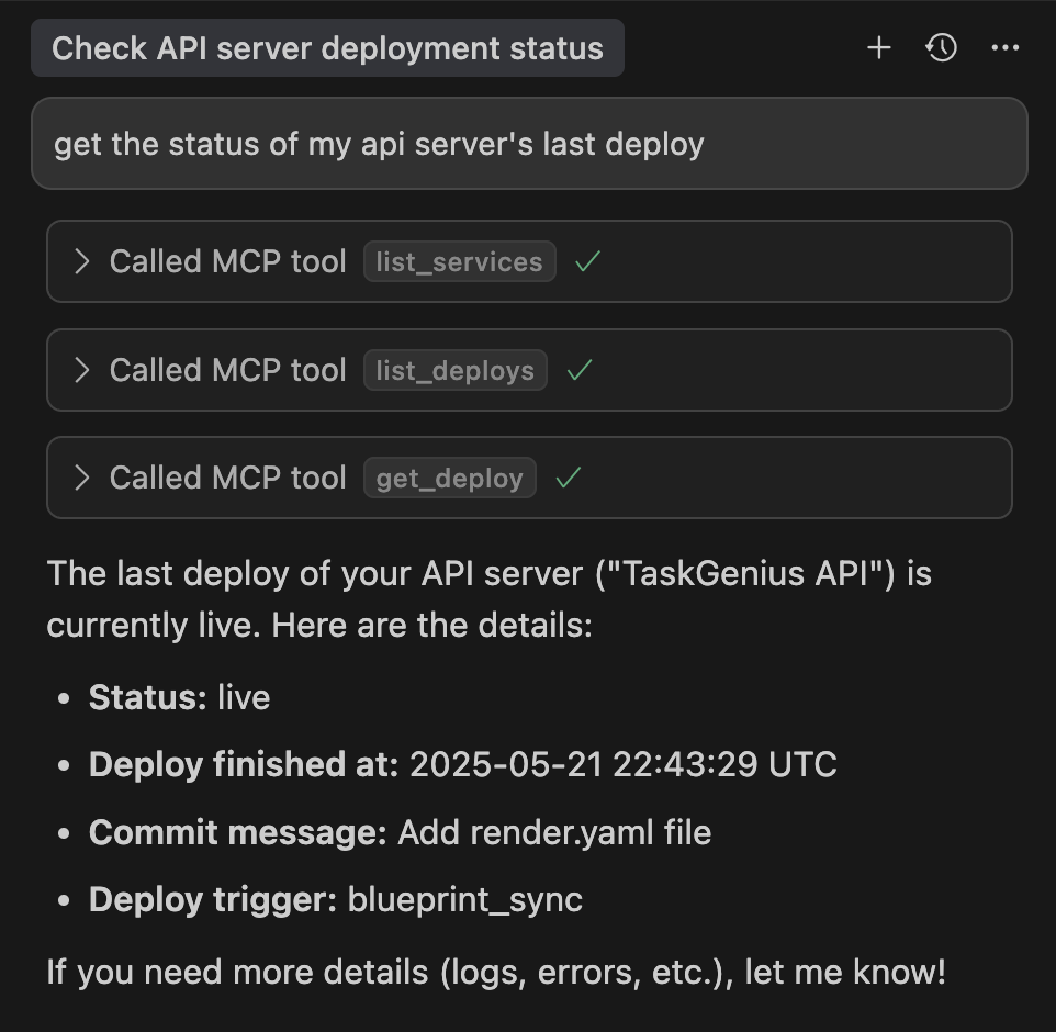An MCP-powered prompt response in the Cursor IDE
