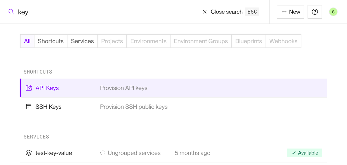 Shortcut search results in the Render Dashboard