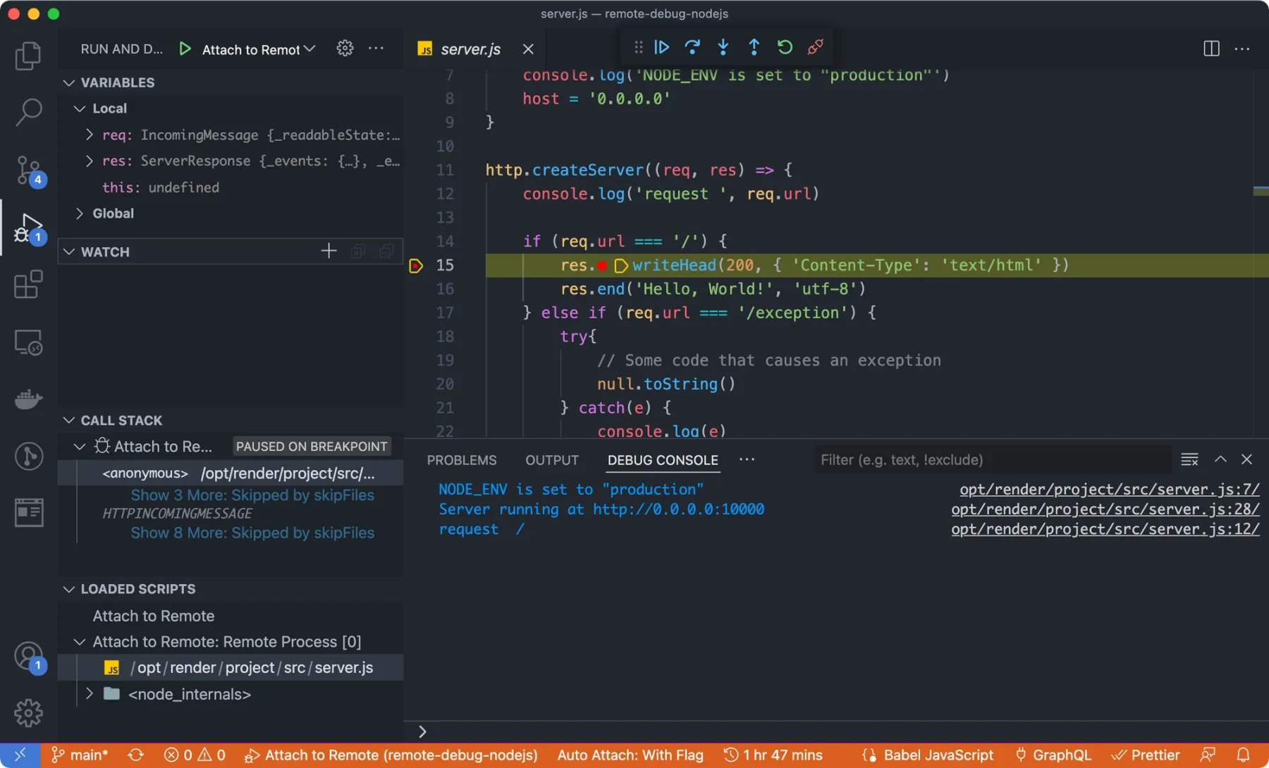 Program execution paused at the breakpoint