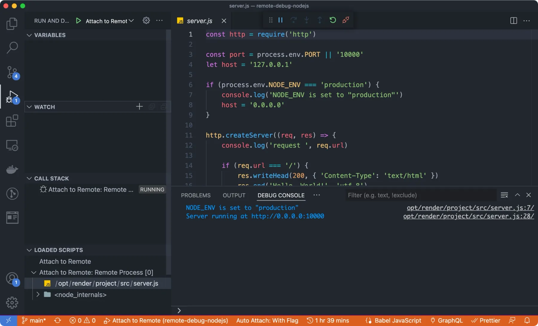 VS Code connected as a debug client to a remote <code>node</code> process
