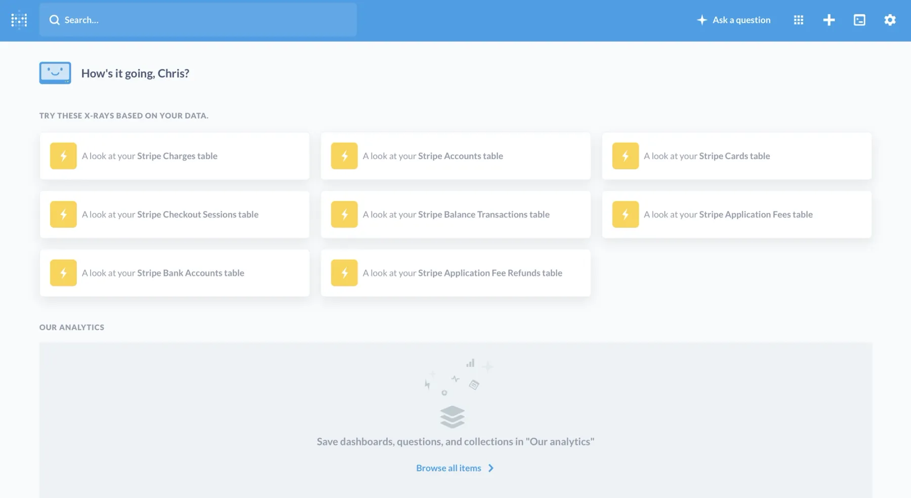 The initial screen shown by Metabase after connecting your Stripe database