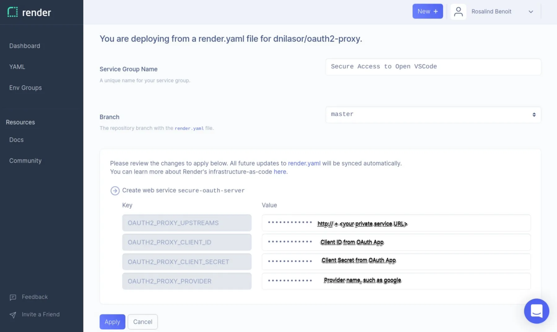 Here, I define the secret values for my OAuth2 app that I don’t want in source control