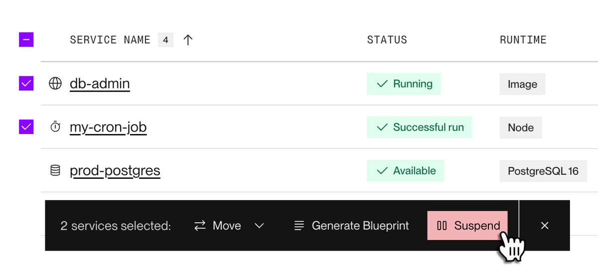 Suspending multiple services in the Render Dashboard