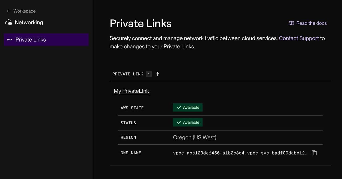 Viewing Private Link details in the Render Dashboard
