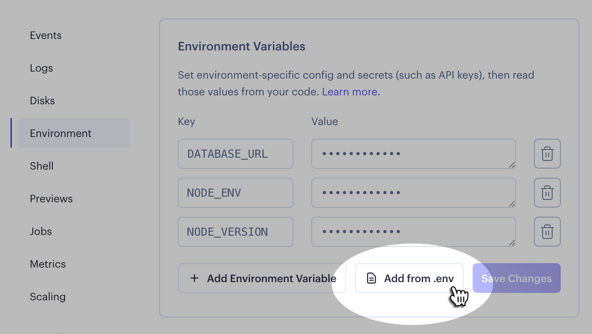 Adding environment variables from a .env file in the Render Dashboard