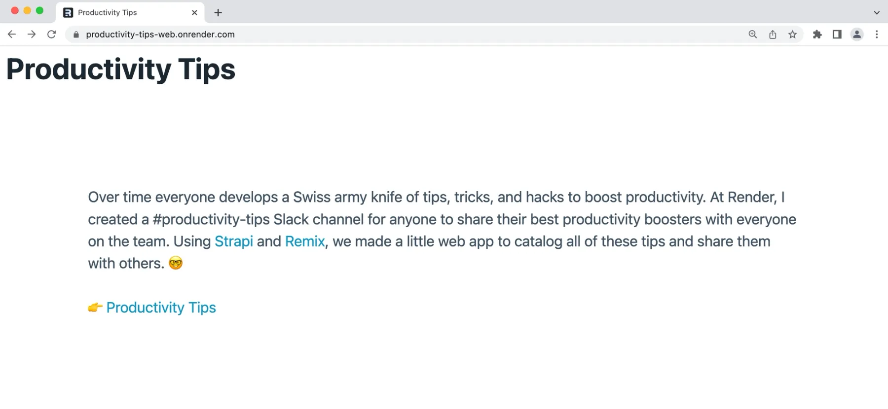 The homepage of our Productivity Tips app!