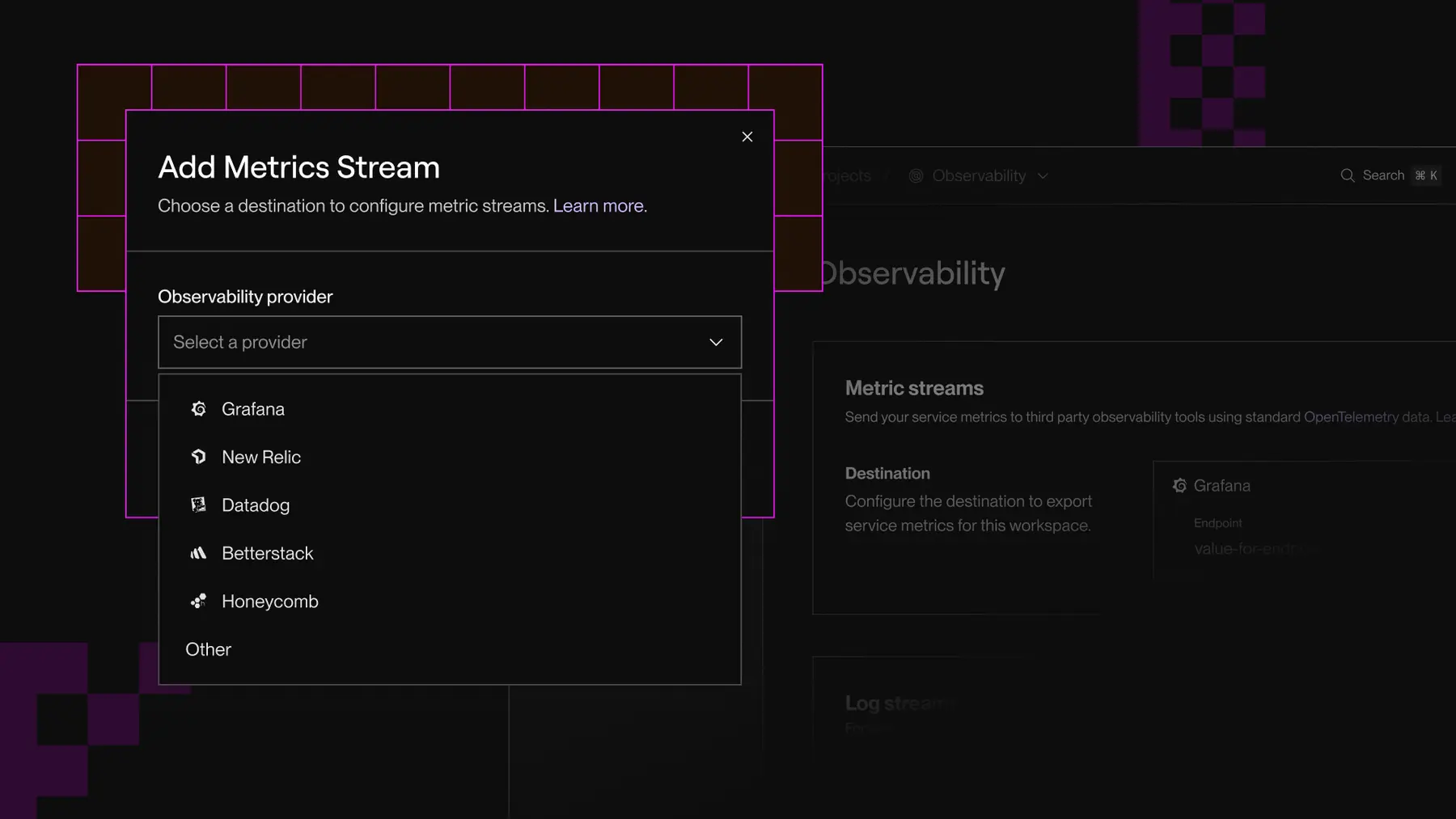 Stream service metrics to a variety of observability providers.