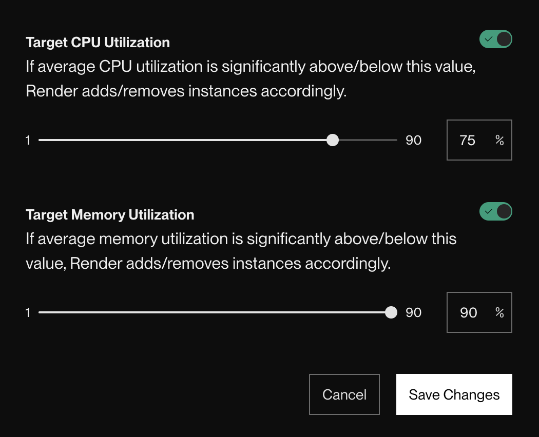 Autoscaling settings in the Render Dashboard