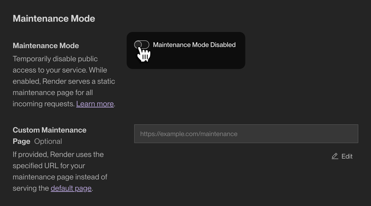 Enabling maintenance mode in the Render Dashboard
