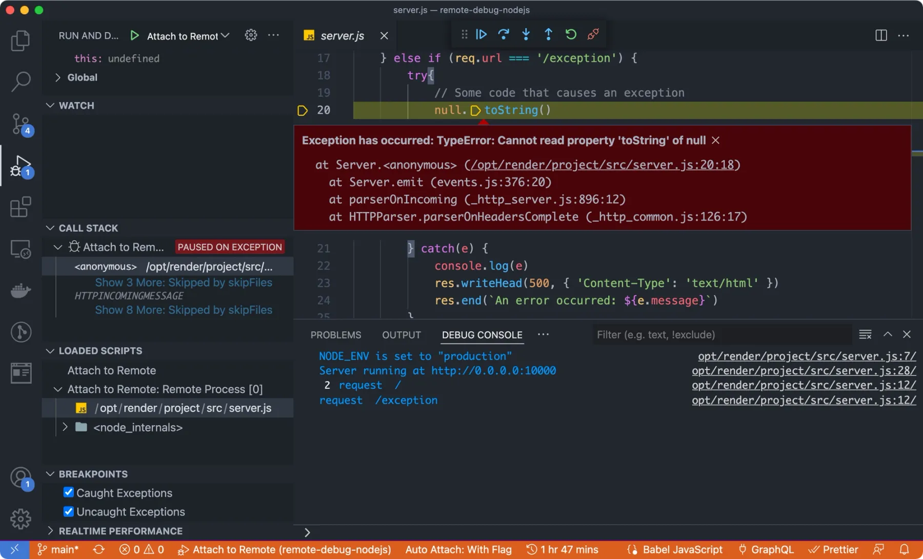 VS Code pausing program execution on a caught exception