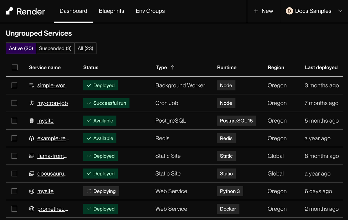 The Render Dashboard's dark display theme