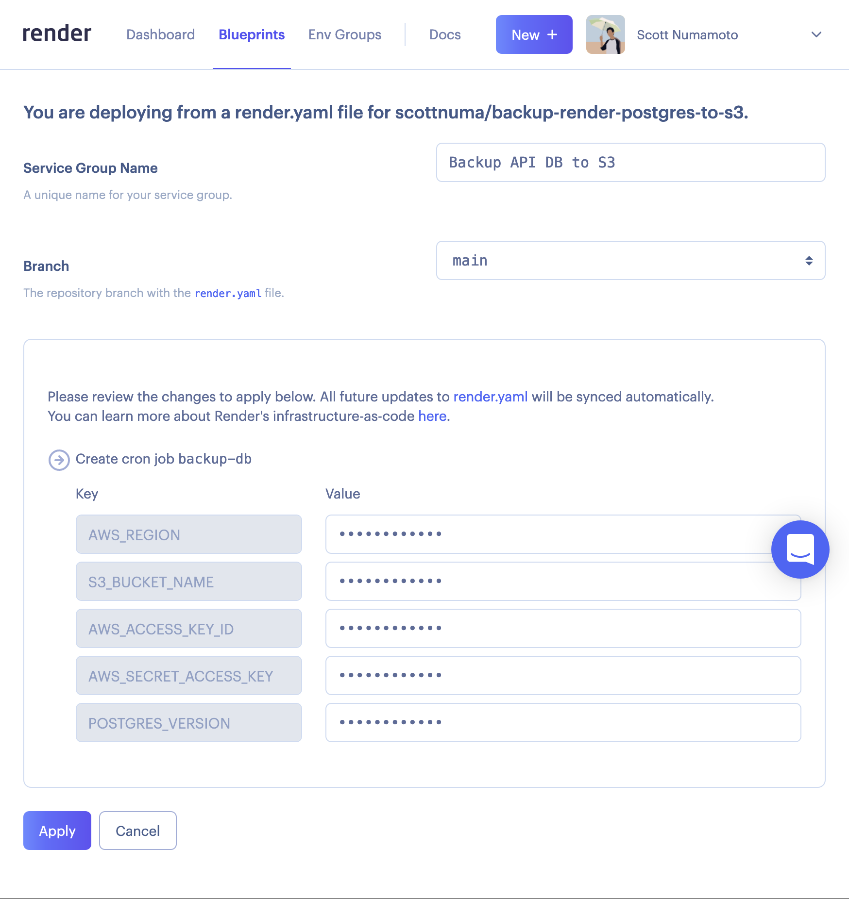 A screenshot of the Render Dashboard filling out the new Blueprint form