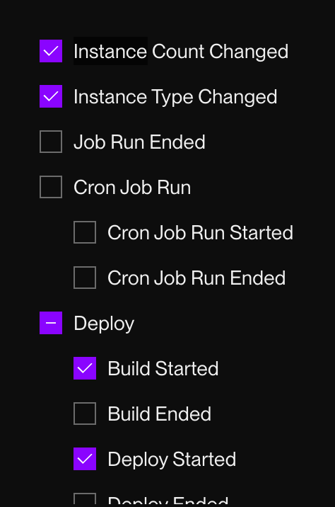 Select from nearly 50 webhook event types.