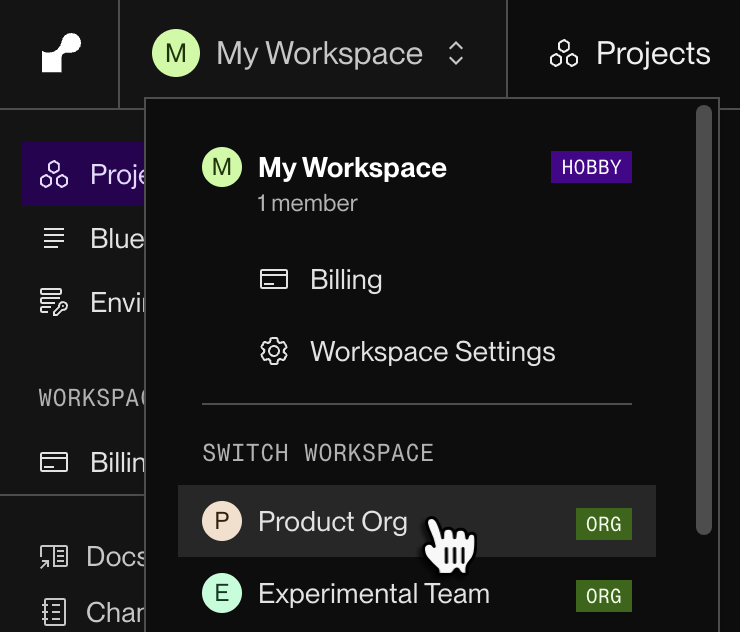 Switching workspaces in the Render Dashboard