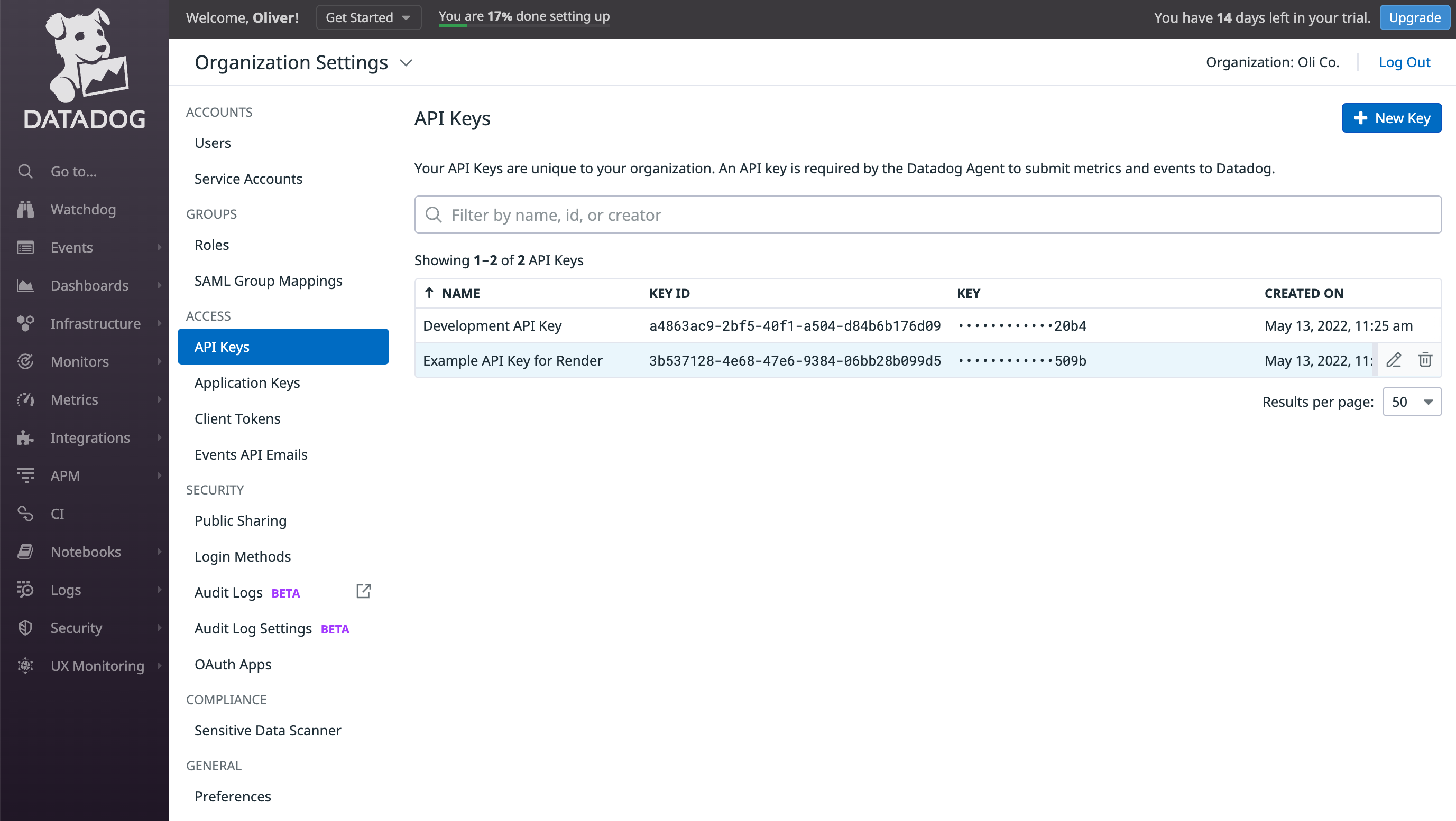 Datadog API settings