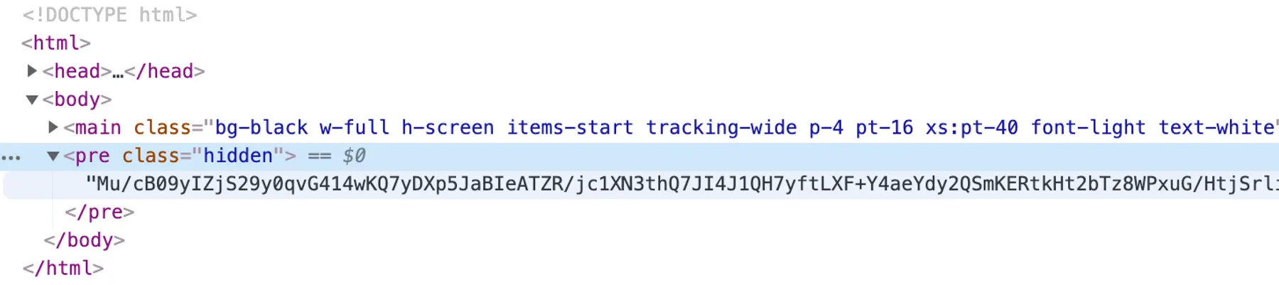 Encrypted HTML page inside the <pre> element.