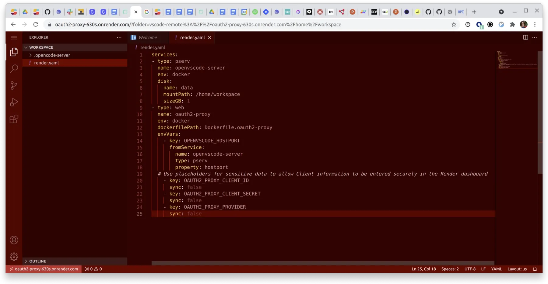 Open VSCode joins my crowded tab landscape, allowing me to quickly edit a render.yaml file in browser.