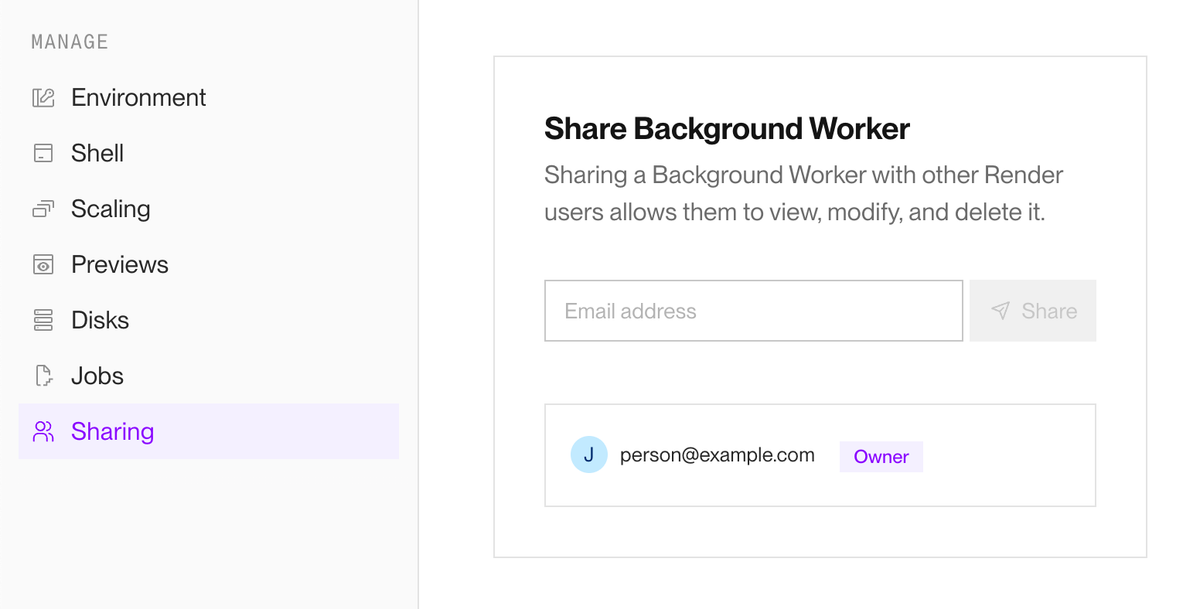 The legacy sharing UI in the Render Dashboard (only visible to specific workspaces)
