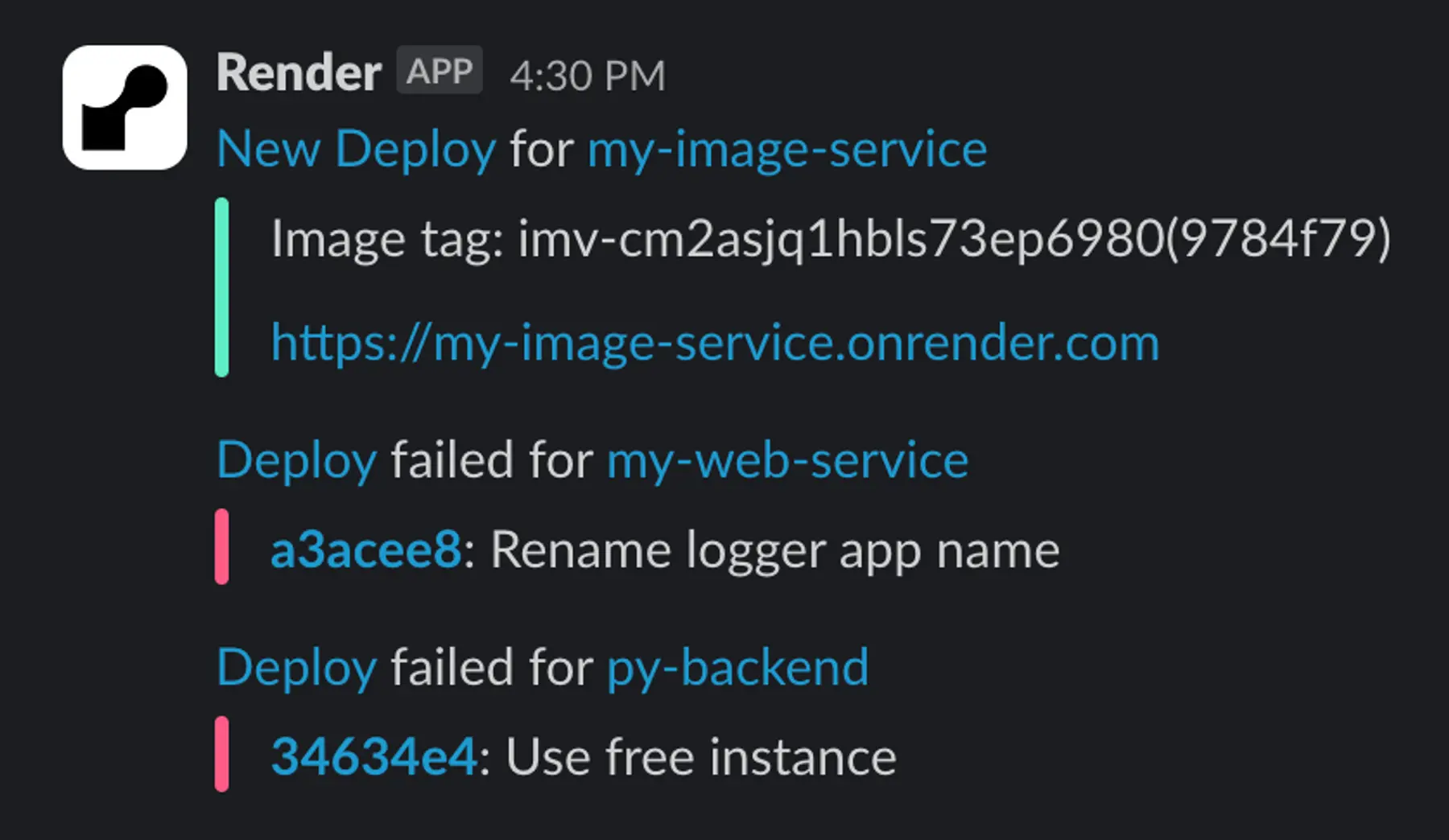 Slack notifications of Render service events