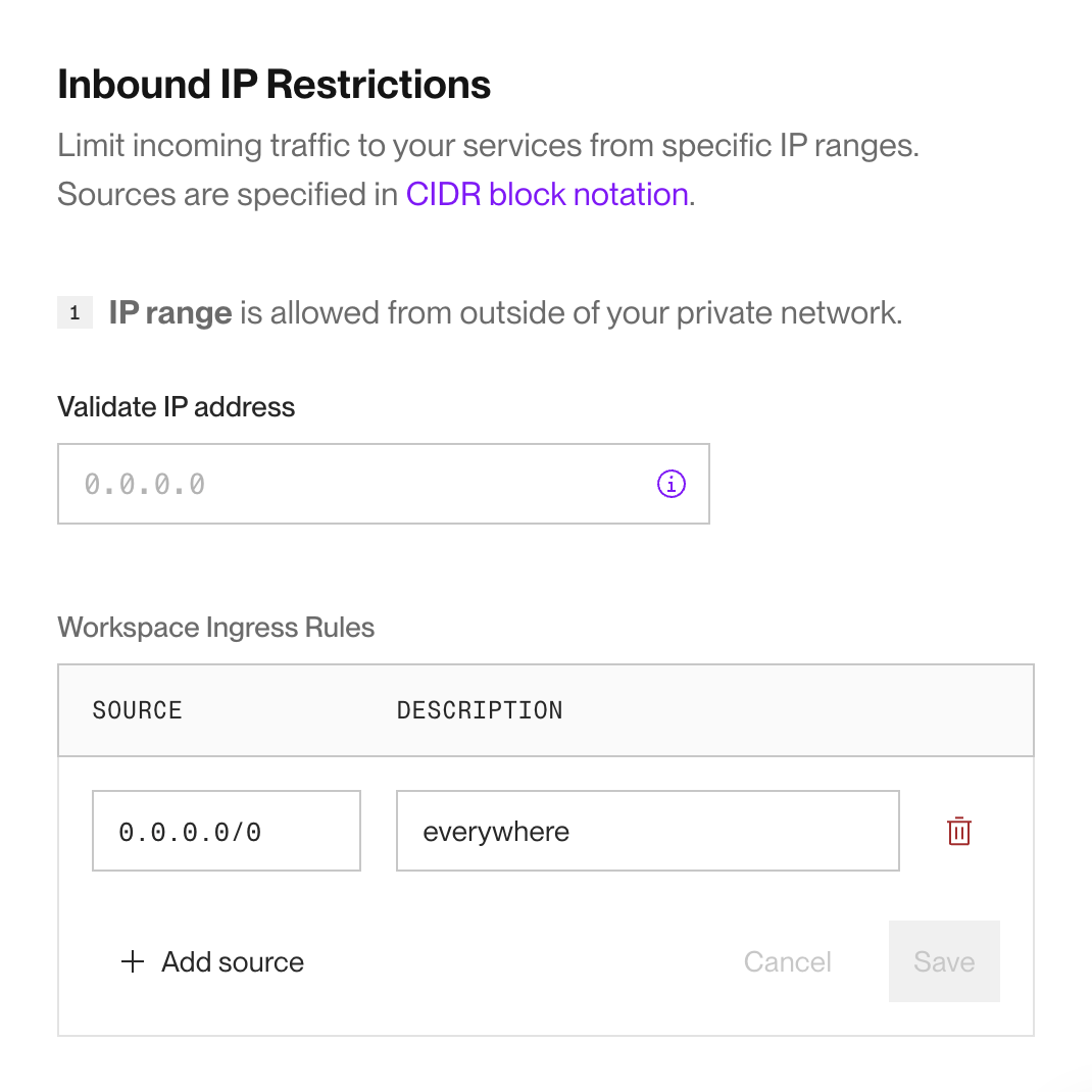 Editing inbound IP rules in the Render Dashboard