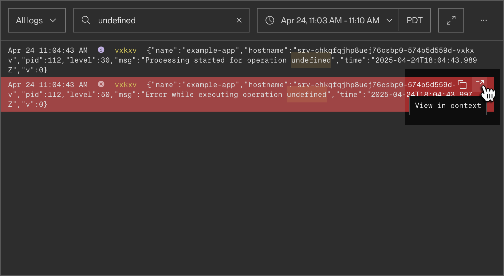 Clicking view in context in the log explorer