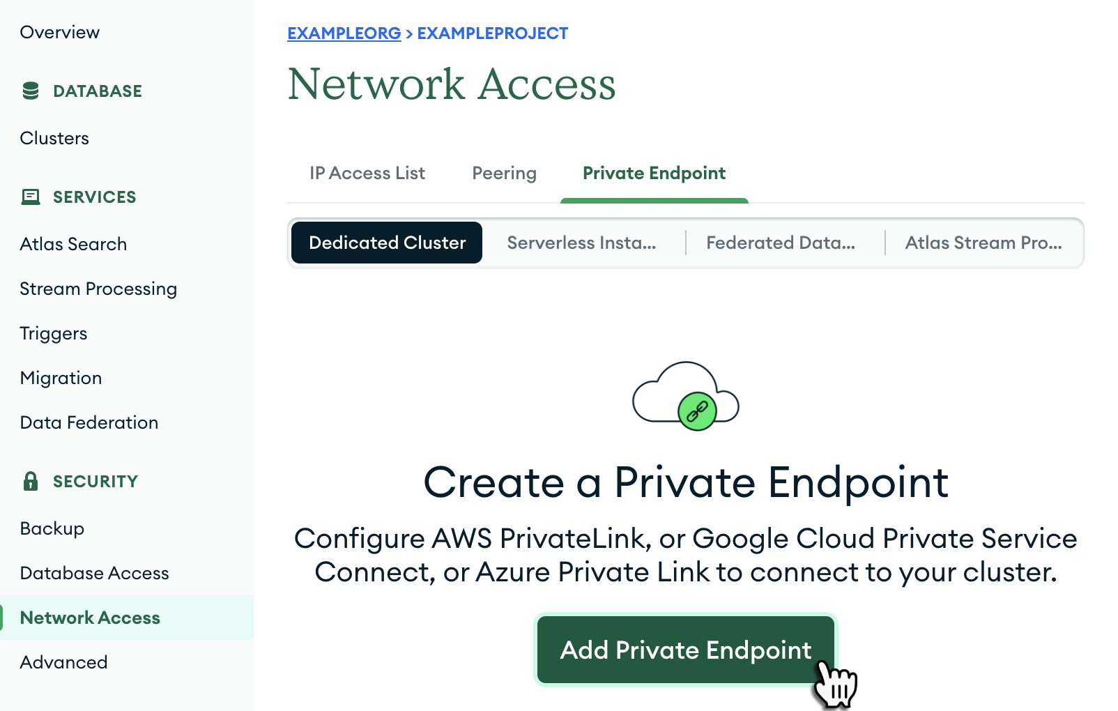 The Private Endpoint tab in the Atlas UI