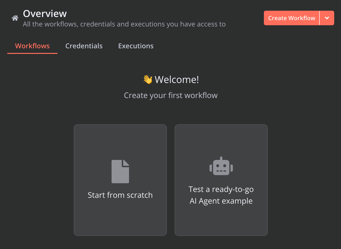The empty-state n8n homepage