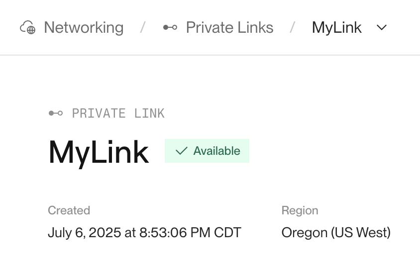 A private link with status "Available"
