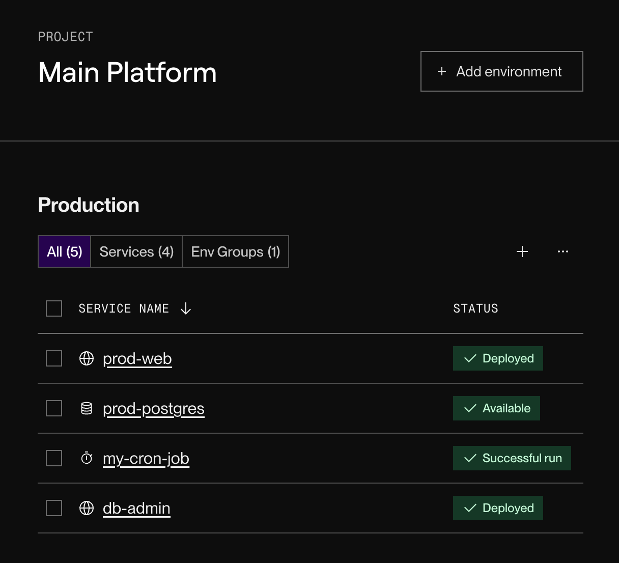 Viewing a project environment in the Render Dashboard