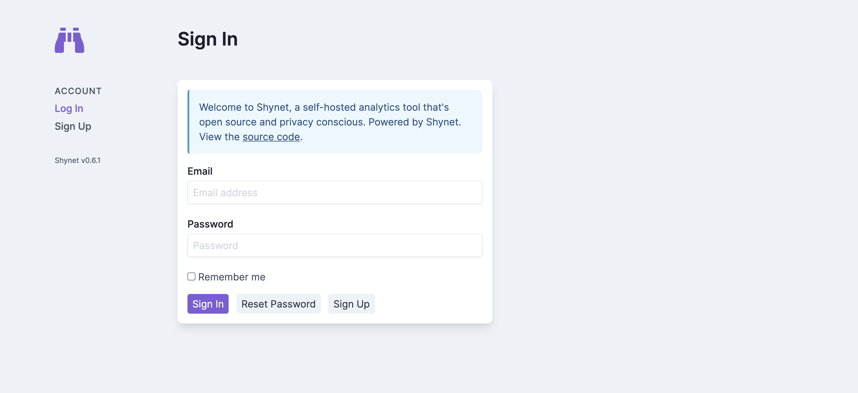 Shynet Welcome Screen